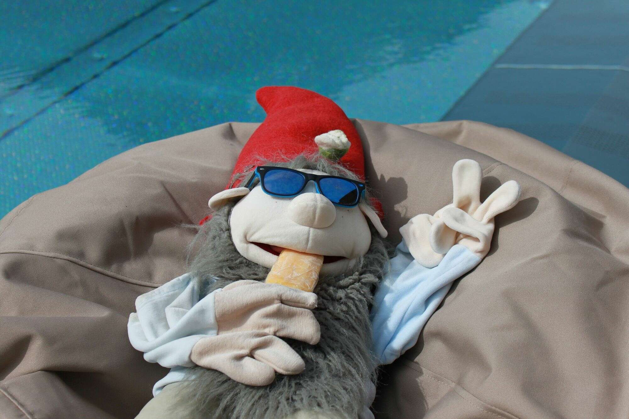 Zwärg Bartli genießt das heiße Sommerwetter im Pool.